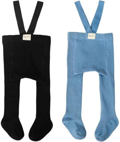 AOOPOO Confezioni di 2 Calzamaglia Bambina Tinta Unita Bretelle Collant Leggings a Vita Alta in Maglia per Bebè con Bretelle Caldi Leggings a Vita Alta per Neonati Bambini 0-3 Anni