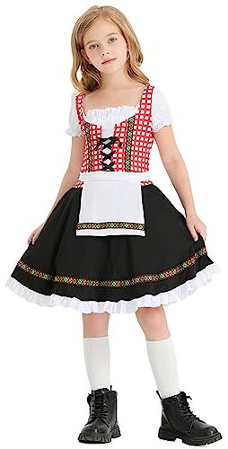Robe Dirndl Fille Bavière Oktoberfest Manches Bouffantes Courtes Traditionnel Outfit Dirndl À nouer Costume de Soubrette Robe Folklorique avec Tablier pour Fête de La Bière et (Black, 10-16 Years)