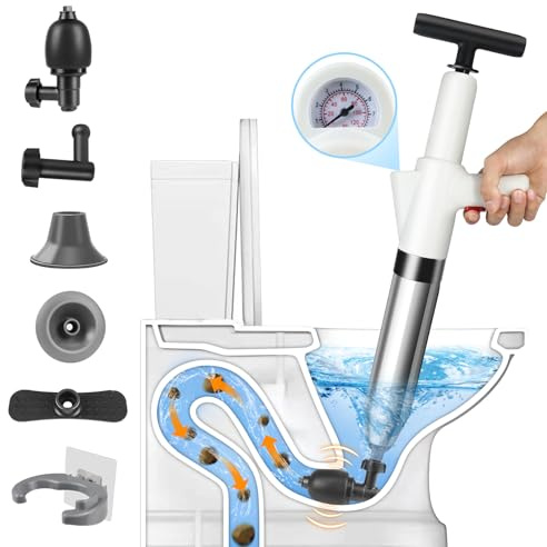inShareplus Deboucheur WC 5-en-1 à Haute Pression avec Baromètre – Déboucheur Canalisation avec 4 Ventouses, Gants et Crochet, pour Toilette, Lavabo, Baignoire, Sol – Blanc