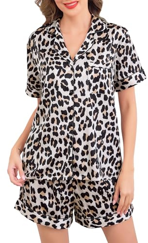 Sopesil Women's Satin Pyjamas Short Sets Ladies Pyjamas Silk Button Down Pjs for Women Printed Two Piece Comfy Sleepwear Loungewear classic