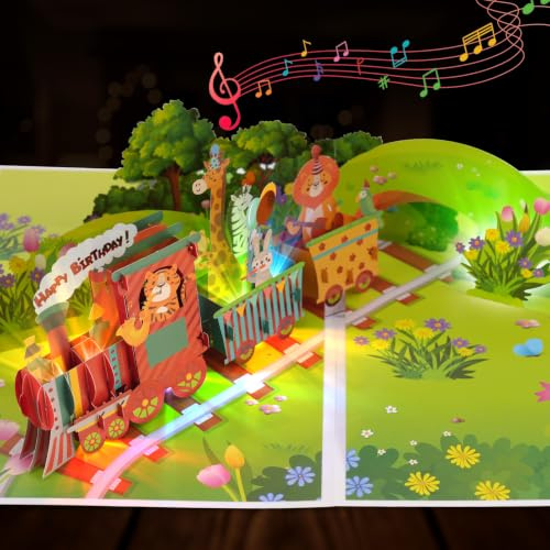 3D Train Pop-Up Musical Birthday Card with Lights, Happy Birthday Greeting Card/Gift for Kids, Boys, Girls, Grandson, Granddaughter, Nephew, Includes Envelope & Note Card