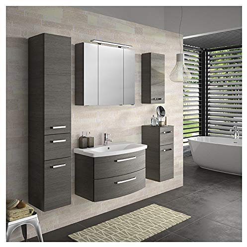 Pelipal - FOKUS 04-4010 - Badmöbel-Set - 84 cm - 6-teilig, vormontiert mit Spiegelschrank, Keramik-Waschtisch usw. in Graphit Struktur quer