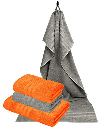 Lashuma Handtücher Set groß, London Badetücher Set 50x100 & 70x140 cm Orange - Grau