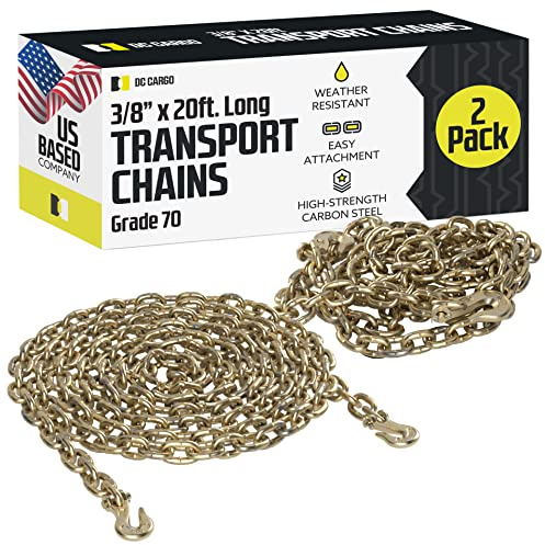 DC Cargo Tie Down Transport Chains - Heavy Duty Tow Chain with 3/8 Grade 70 Chain, Log Chain Hooks, G70 Load Binder Chain is 20 ft Long, 6,600 lbs WLL (Pack of 2)