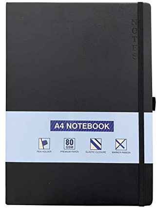 PRECIOUS LONDON Bloc-notes ligné A4 à couverture rigide avec porte-stylo - Carnet relié de qualité supérieure - Noir