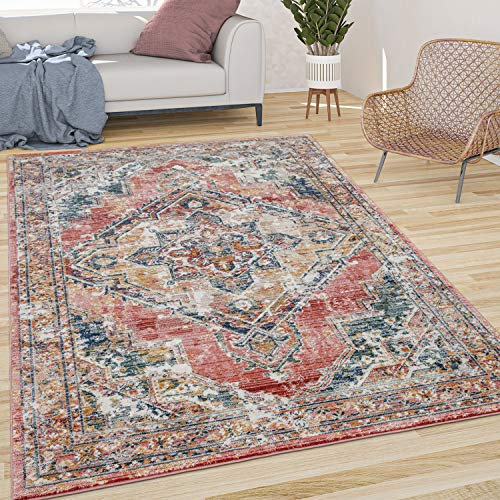 Paco Home Alfombra Salón Pelo Corto Vintage Pastel Oriental Moderna Rojo Amarillo, tamaño:60x100 cm