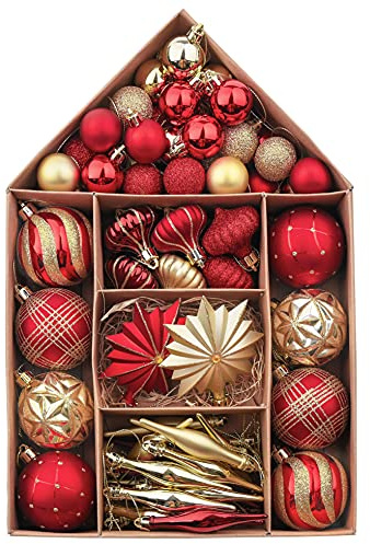 Valery Madelyn Weihnachtskugeln 70 Stück Kunststoff Christbaumkugeln,Christbaumschmuck hängend Glänzend Glitzernd Matt Weihnachtsbaumschmuck Dekoration Thema Rot Gold(L)