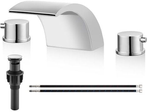 Airuida Grifo de lavabo de baño generalizado en cascada, grifo montado en la cubierta, cromado pulido con drenaje desplegable de 8 a 16 pulgadas, doble manijas 3 agujeros grifo comercial