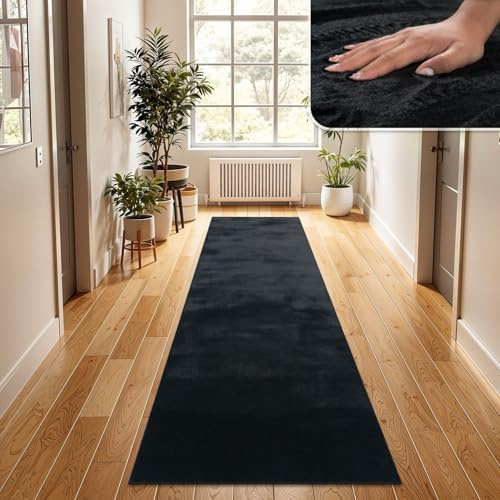 TT Home Wohnzimmer Teppich Hochflor Langflor Kunstfell Weich Modern Unifarben Flauschig, Farbe: Schwarz, Größe:80x150 cm