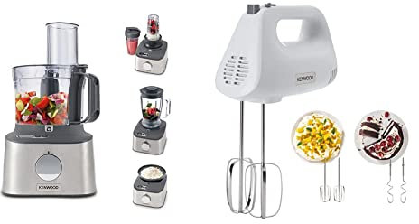 Kenwood Multipro Compact+ FDM312 SS, 5-in-1 Compact Food Processor, Stainless Steel, 2.1 L Capacity, digital & Hand Mixer,Electric Whisk, 5 Speeds, Stainless Steel Kneaders and Beaters