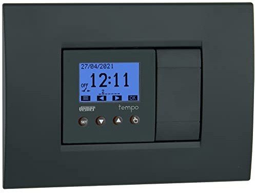 VEMER VE787500 TEMPO - Interruttore Digitale per Programmazione Oraria o Astronomica, Timer ideale per Tapparelle, Luci, Cancelli, Installazione Scatola da Incasso (2 moduli), Bianco/Grigio Antracite