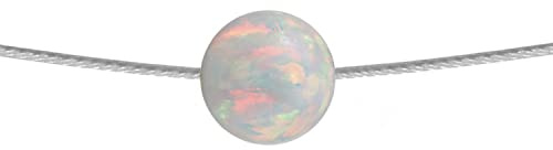 Weißer Opal-Kugel Halskette mit Edelstahl Collier Halsreif Versilbert | Weißer Opal Schmuck | Eleganter Anhänger für Stahlreif | Länge wählbar (42)