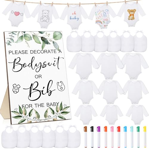 Hoosige 43 Pcs Baby Shower Games White Bodysuit Decorating Kit Bibs Design Games Prizes, Include Wooden Game Sign with 15 Blank White Bibs 15 Bodysuit 12 Marker for Shower