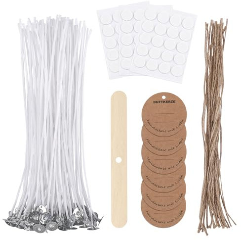 ALLAVA Kerzendocht Set, 60 Stück Kerzendocht 20cm, Dochte für Kerzen, 60 Stück Dochtaufkleber, Kerzen Selber Machen Set, Kerzendochte für Kerzenherstellung Candle DIY