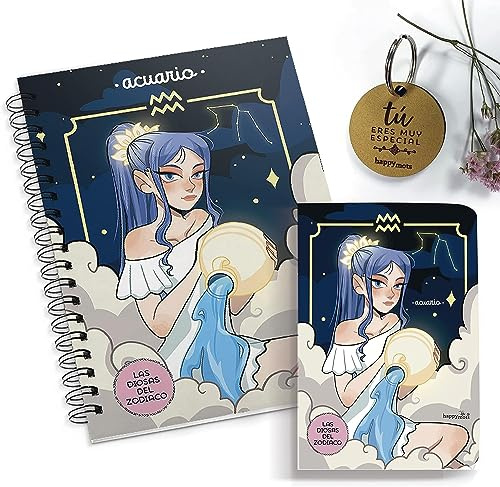 HappyMots - Pack Presentförpackning Horoskop | A5 anteckningsbok + A6 anteckningsbok + nyckelring Du är speciell | Zodiac Sign: AQUARIUS | Original gåva att överraska