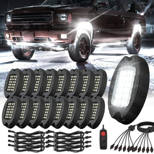 16 Pods Alloy Pure White LED Rock Lights for Semi Trucks Trailer Pickup Offroad, Plug and Play with Pre Wired Harness&Switch, 384-LEDs 6500K Aluminum Metal Underglow Kit 12V Waterproof Shockproof