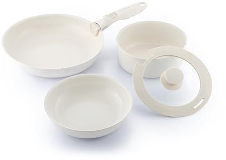 InnovaGoods - Ensemble de 5 Pièces de Poêles et Casserole Antiadhésives avec Poignée Amovible, Empilable pour Gain de Place, Compatible Toutes Cuisinières, Facile à Nettoyer, Aluminium, Beige