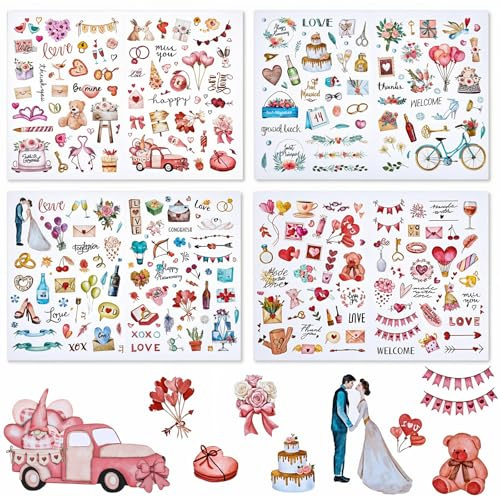 4 Sheets 230 Illustrations Wedding Scrapbook Stickers, Transparent Waterproof Stickers for Wedding, WeddinSticker Set for Bridal Showers Engagements Marriage Anniversary Bride Planner Calendar