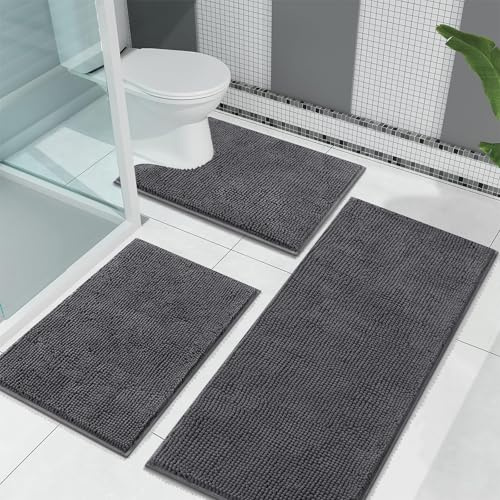 Enyhom Dunkelgrau Badematten Set 3 Teilig, rutschfest Waschbar Badteppich Set Chenille Duschvorleger für Dusche und Badewannen WC Vorleger mit Ausschnitt (45x65+45x120+U50x60cm)