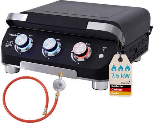Skandika Gasplancha Palo | Gas Plancha Grillplatte, 3 Brenner, Abtropfschale, transportabler Gasgrill mit Kochplatte | Outdoor, Camping, Balkongrill, Tischgrill, Grillplancha, Gasbräter (mit Deckel)