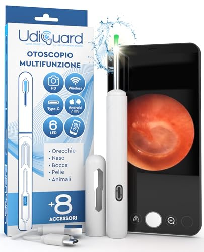 Otoscopio Pulizia Orecchie Rimozione Cerume con Telecamera 1920p WiFi 3,6mm - UdiGuard Compatibile con Android iPhone iPad Bianco - Pulitore Orecchie Digitale 6 Luci LED per Adulti Bambini Animali