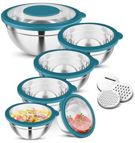 Joyfair rostfritt stål blandningsskål set om 6 med transparent lock, blå