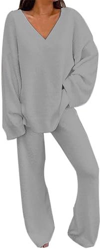 Set Fuzzy da Donna Completi da 2 Pezzi Top a Maniche Lunghe Pantaloni a Gamba Larga Set 𝐏igiama Lungo Donna Cotone (Grey, S)