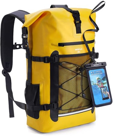ECOHUB 30L Yellow Waterproof Dry Bag Backpack, Roll-Top Closure, Multi-Sport, Adult