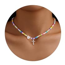 Poxtex Cross Necklace for Girls,Silver Cross Necklace Colorful Beaded Heart Necklace Cute Dainty Simple Necklaces Baptism First Communion Confirmation Gifts for Daughter Niece