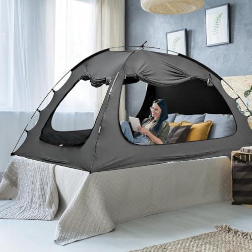 Meulbaty Bed Tent 190 cm L x 137 cm W x 120 cm H Bed Canopy, Inner Tent for Adults and Children, 3 Doors, Breathable Dream Tent, 80% Blackout, Private Sleeping Tent (Black)