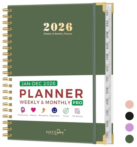A4 dagbok veckoplanerare 2026, jan - dec 2026 vecko- och månadsplanerare med innerficka | 12 månaders flikar | 4 planeringsklistermärken | innerficka, 21,5 x 28 cm, för kreativ planering, grön