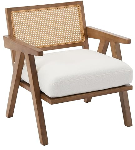 AffinityFurn Mid-Century Modern Accent Chair with Soft Cushion & Rattan Backrest - Sturdy Wood Frame Teddy Fabric Lounge Armchair Reading Chairs for Living Room, Bedroom, Office & Balcony