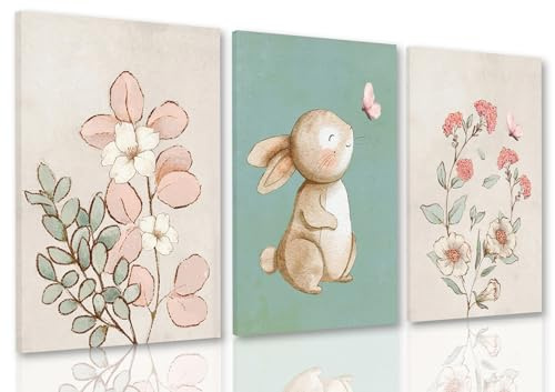 Juego de 3 cuadros botánicos de flores rosadas sin marco, cuadros botánicos para decoración de pared, pinturas de conejo verde, impresiones en lienzo de animales lindos para habitación de niñas y