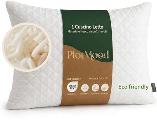 PlotMood Cuscino Memory Foam Fiocchi 45x75 H12cm - Cuscino per Dormire di Lato o Supini - Guanciale Letto Extra Comodo