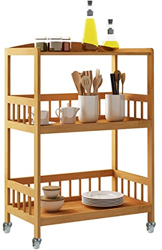 DlandHome 3-Tier Carrello da Cucina di Servizio,Carrelli da Portata di bambù Cucina, Scaffale per Cucina Organizer su Ruote 53 x 30.5 x 80