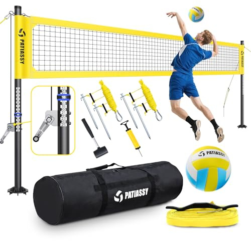 Patiassy Juego de voleibol portátil profesional para patios, playa, al aire libre, red de voleibol y sistema de juego de pelota con sistema de cabrestante para red antihundimiento + postes ajustables,