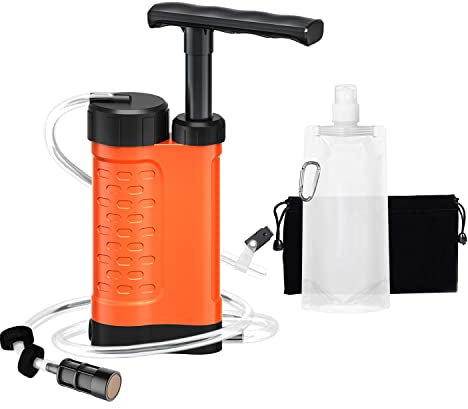 Ginkin Water Filter Pump, 0.01 Micron 5-Stage Water Filter,Portable Outdoor Emergency and Survival Gear - Camping, Hiking, Backpacking (Orange)