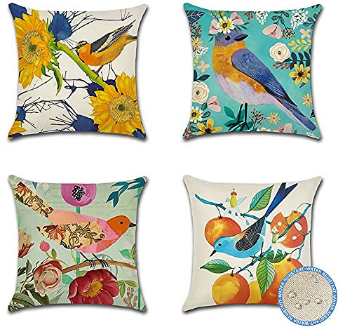 Artscope wasserdichte Kissenbezugen, 4 Stück Retro Blumen und Vögel Kissenhülle Atmungsaktiv Kissen Fall für Outdoor Balkon Terrasse Patio Garten Bauernhaus Dekor 45 x 45cm