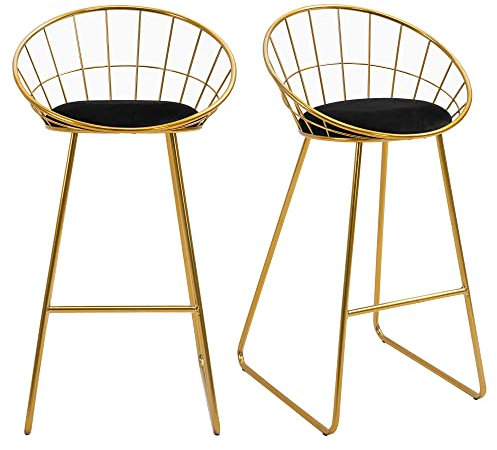 HOMCOM 2er-Set Barhocker Küchenhocker mit Rückenlehne Barstuhl Bistrohocker Tresenhocker für Küche Esszimmer Metall Samt-Touch-Polyester-Gewebe Gold+Schwarz 52,5 x 47 x 97 cm