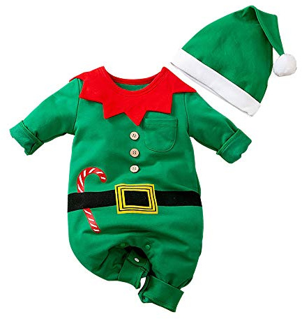Hifot My First Christmas Baby Girl Boy Romper Christmas Outfits Newborn Long Sleeve Jumpsuit + Hat Infant Clothes Set