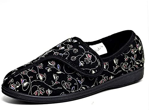 DUNLOP Womens Floral Print Touch and Close Slippers Ladies Memory Foam Machine Washable Shoes (Bllack, UK Footwear Size System, Adult, Women, Numeric, Medium, 5)