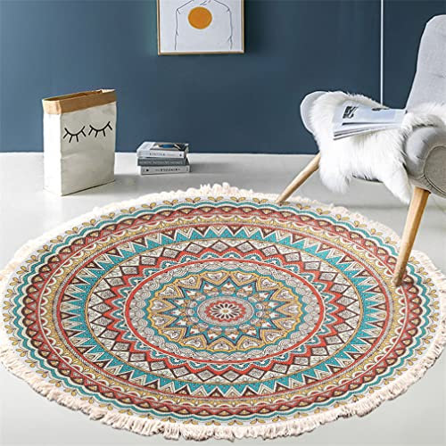 Tomifine Bohemian Mandala Teppich Rund - Wohnzimmer Ethno Muster Modern Handgefertigt Baumwolle Polyester (80cm, Grün)