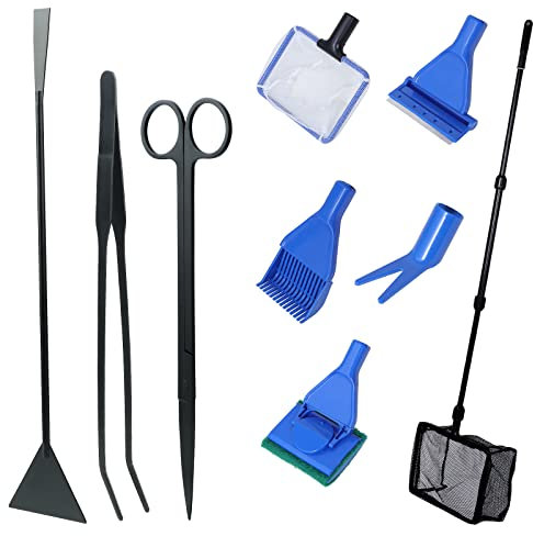 Coolty 9 en 1 Outils pour Aquarium pour Tailler Les Plantes Aquatiques Nettoyage de l'aquarium Filet à Poissons Râteau à Gravier Fourche à Plantes Grattoir Eponge Pince à épiler Ciseaux Grattoir