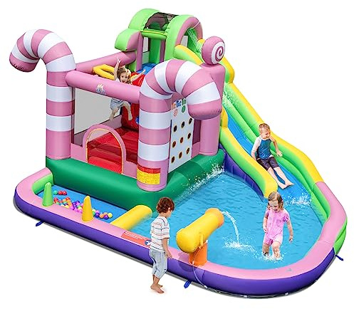 COSTWAY Kids Inflatable Water Park with Slide, Climbing Wall, Water Cannon, Splashing Pool, Blow up Bouncy Castle House for Summer Outdoor Play (with 50 Ocean Balls)