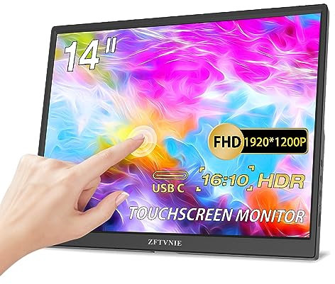 ZFTVNIE Tragbarer Monitor Touchscreen, 14 Zoll FHD 1920 x 1200P IPS HDR Touchscreen, HDMI USB-C Externer Monitor für Computer Laptop PC Mac Xbox Switch Ras Pi