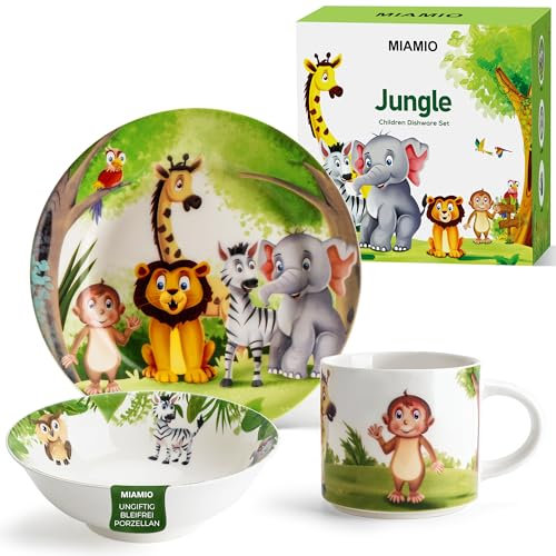 MIAMIO - 3er-Set Kindergeschirr/Porzellan Kinderbesteck, Kindergeschirr-Set aus Porzellan - Inklusive Teller, Schüssel und Tasse - Für Kinder und Kleinkinder (Dschungel) Jungle Grün