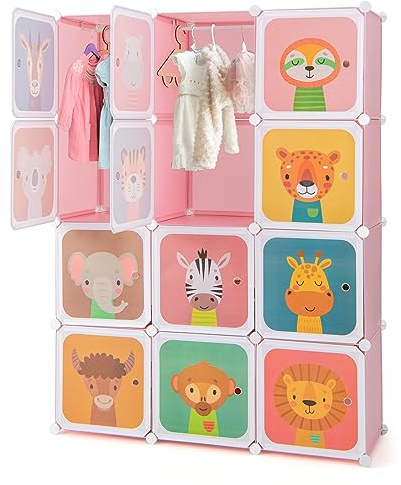 GYMAX Cartoon Clothes Closet, Portable Kids Wardrobe with Hanging Section, 12 Cubes Children Storage Unit for Bedroom Nursery (Pink, 109 x 37 x 145cm)