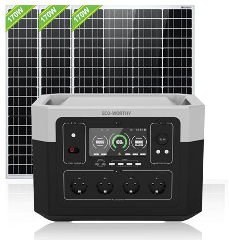 ECO-Worthy Tragbare Powerstation 2000W mit 510W Solarpanel, 48V 40Ah LiFePO4 Akku, Spitzenleistung bis zu 4000W，Generatoren mit 4 Steckdosen für Camping Mobilphone Laptop Reise Wohnmobil Notfall