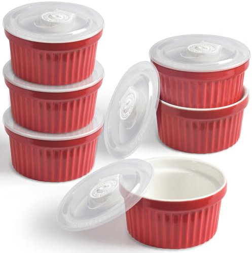 homEdge Auflaufförmchen-Set aus Porzellan mit Deckel, 240 ml Eisschale, Creme Brûlée Auflaufförmchen Soufflé-Tasse zum Backen, 6 Stück, Rot