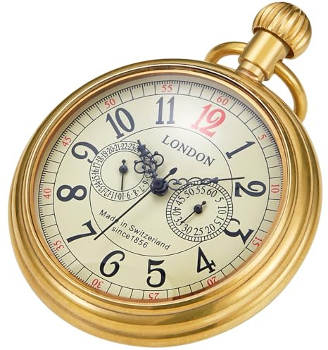 Tiong Vintage Silver Stainless Steel London Design Mechanical Hand-Wind Pocket Watch Mens Watches（Gold-A